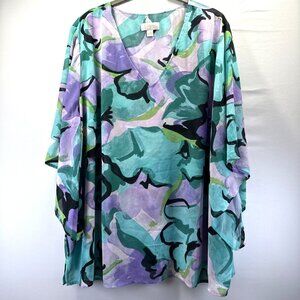 Belle by Kim Gravel Womens Plus 3X Blouse Purple Turquoise Bell 3/4 Sleeve Light